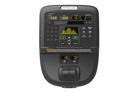 Black elliptical machine with digital console, dual handlebars, and large footplate on white background