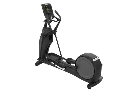 Black elliptical machine with digital console, dual handlebars, and large footplate on white background