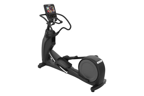 Black Precor elliptical machine with digital console display, curved handlebars, and large front wheel on white background