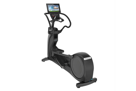 Black Precor elliptical machine with digital console display and curved handlebars, on white background