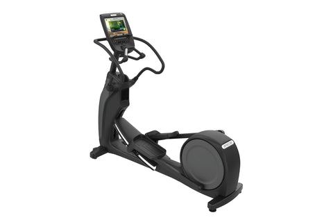 Black elliptical trainer with curved handles and digital console display on white background