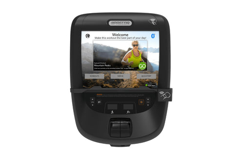 Black elliptical trainer with curved handles and digital console display on white background