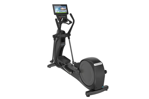 Black elliptical machine with interactive touchscreen console displaying workout metrics and scenic route on white background