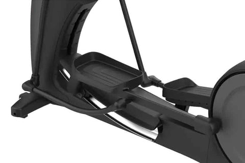 Black elliptical machine with interactive touchscreen console displaying workout metrics and scenic route on white background