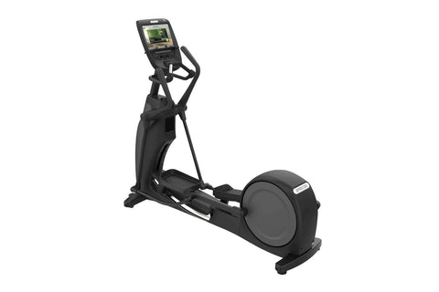 Black elliptical machine with digital console display and fixed handlebars on white background