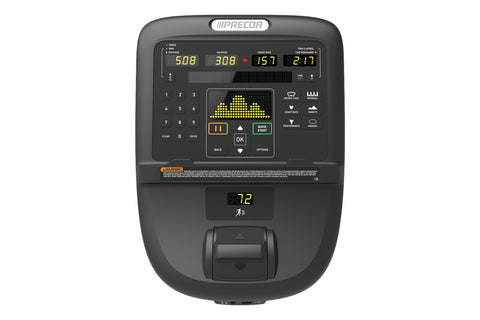 Black recumbent exercise bike with digital console displaying workout metrics, padded seat, and adjustable backrest on white 