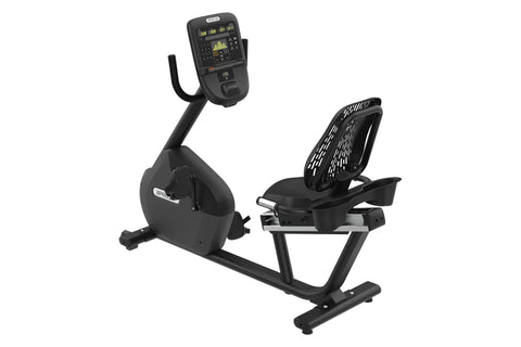 Black recumbent exercise bike with digital console displaying workout metrics, padded seat, and adjustable backrest on white 