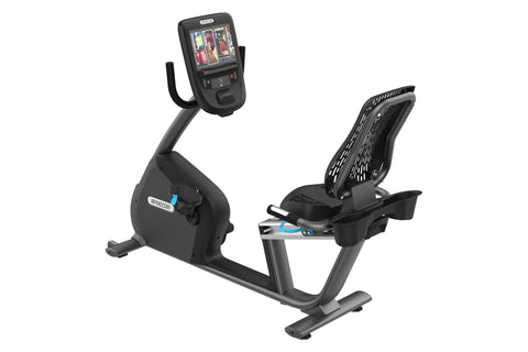 Black recumbent exercise bike with digital console displaying workout metrics, featuring padded seat with backrest and foot p