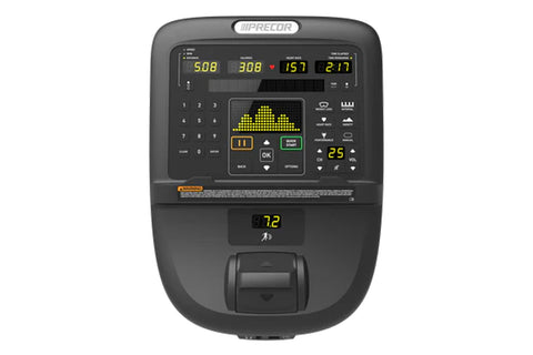 Black recumbent exercise bike with digital console displaying workout metrics, mesh backrest, and extended footrest on white 