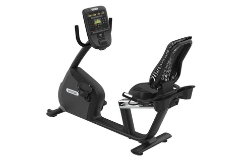 Black recumbent exercise bike with digital console displaying workout metrics, mesh backrest, and extended footrest on white 