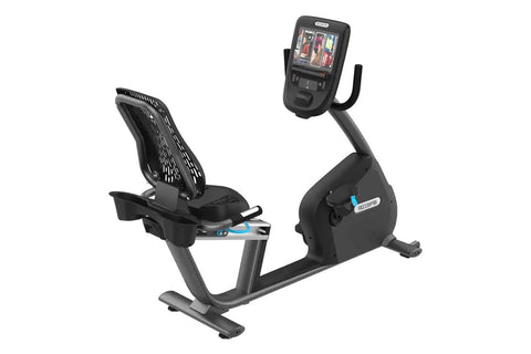 Black recumbent exercise bike with digital console displaying workout metrics, featuring a padded seat with backrest and foot