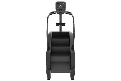 Black Precor stair climber with digital display console, handrails, and wide step platform on white background