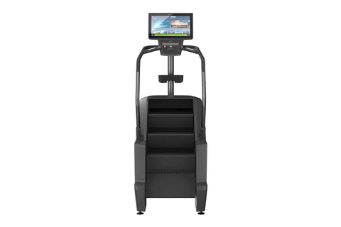 Black Precor stair climber with integrated handrails, digital console display, and control panel on white background