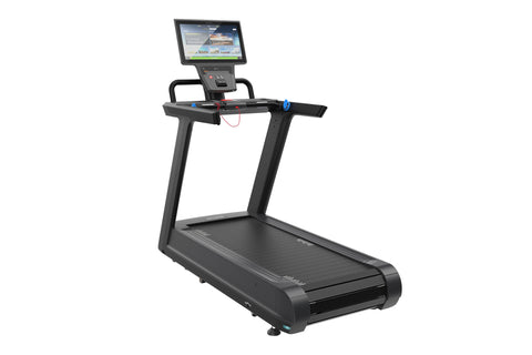 Black commercial treadmill with digital display console, handrails with blue accents, and ribbed running belt on white backgr