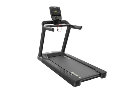 Black Precor TRM 500 treadmill with digital console, dual handles, and cushioned running deck on white background