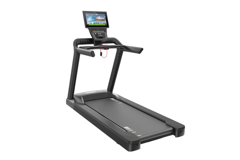 Black Precor TRM 500 treadmill with digital console, dual handles, and cushioned running deck on white background