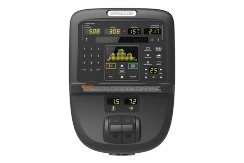 Black commercial treadmill with digital console, handrails, and wide running deck on white background