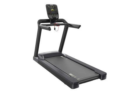 Black commercial treadmill with digital console, handrails, and wide running deck on white background