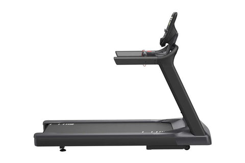 Black motorized treadmill with digital display console, padded running deck, and dual hand rails on white background