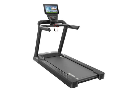 Black motorized treadmill with digital display console, padded running deck, and dual hand rails on white background