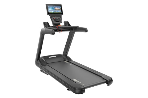 Black Precor TRM 600 treadmill with touchscreen display console and handrails, on white background