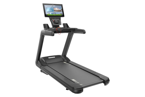 Black Precor TRM 600 treadmill with touchscreen display console and handrails, on white background