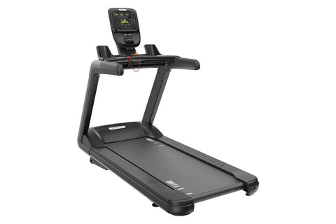 Black motorized treadmill with digital display console, handrails, and wide running deck on white background