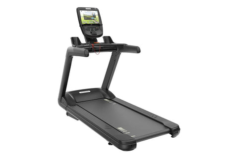 Black commercial treadmill with digital touchscreen console displaying workout metrics, on white background
