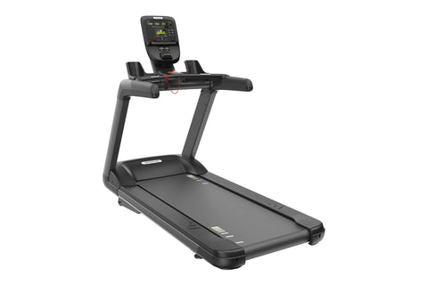 Black commercial treadmill with digital console display, dual handrails, and cushioned running deck on white background