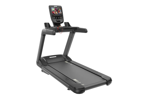 Black commercial treadmill with digital console display, dual handrails, and cushioned running deck on white background