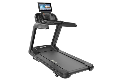 Black commercial treadmill with touchscreen console display, handrails, and running deck, on white background