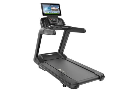 Black commercial treadmill with touchscreen console display, handrails, and running deck, on white background
