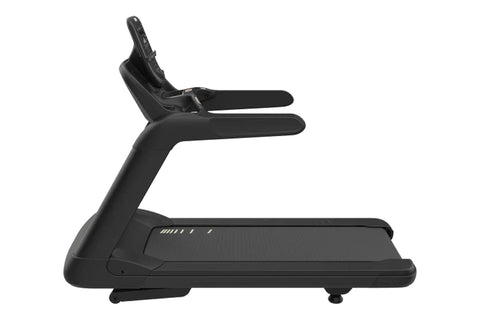 Black commercial treadmill with digital display console, handrails, and cushioned running deck on white background