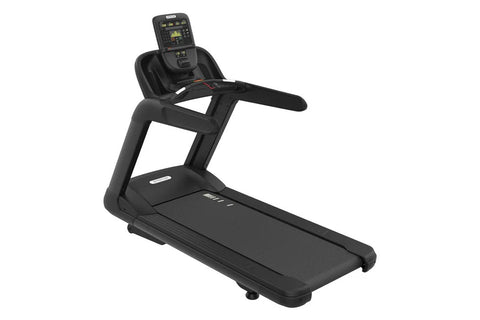 Black commercial treadmill with digital display console, handrails, and cushioned running deck on white background