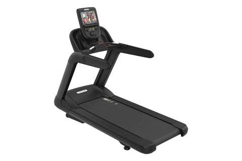 Black commercial treadmill with digital display console showing workout metrics, cushioned running deck, and stationary handr