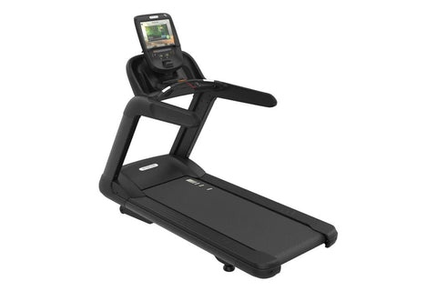 Black commercial treadmill with digital console display showing workout metrics, cushioned running belt, and adjustable handr