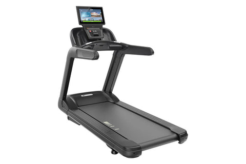 Black treadmill with touchscreen display console mounted on top, gray hand rails, and wide running deck on white background
