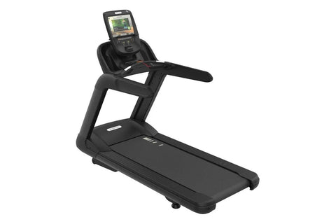 Black Precor TRM 885 treadmill with digital console display and cushioned running deck on white background