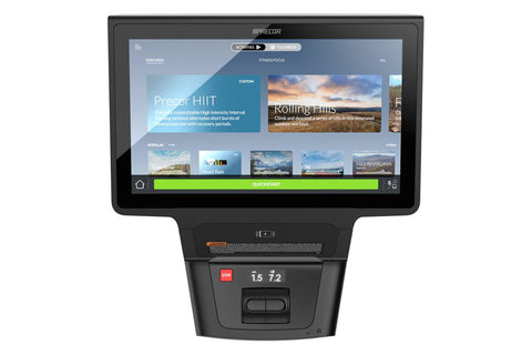Black Precor TRM 895 treadmill with integrated touchscreen console displaying fitness interface, on white background