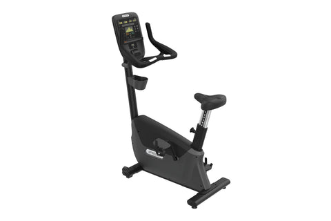 Black upright exercise bike with digital console display, padded seat, and stationary handlebars on white background