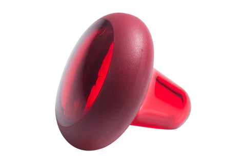 Red and burgundy textured massage ball with cylindrical grip handle on white background