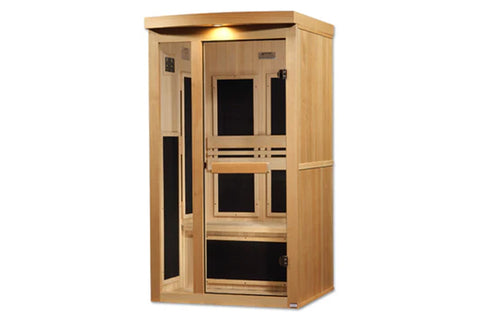 Light wood far infrared sauna cabin with glass front door, black interior panels, and digital control panel on white backgrou