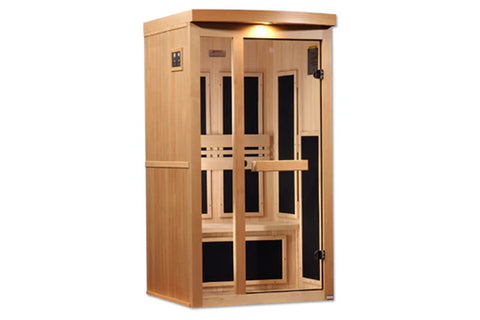 Light wood far infrared sauna cabin with glass front door, black interior panels, and digital control panel on white backgrou
