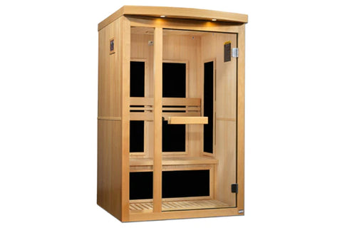A 2-person capacity Pro 6 Near Zero EMF Far Infrared Sauna made of natural hemlock wood with clear tempered glass and built-in speakers.