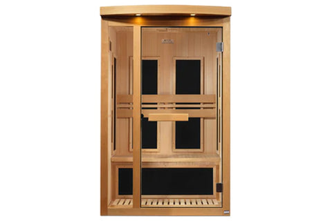 A 2-person capacity Pro 6 Near Zero EMF Far Infrared Sauna made of natural hemlock wood with clear tempered glass and built-in speakers.