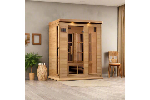 Natural cedar 3-person infrared sauna with black glass panels, bench seating, and control panel on white background