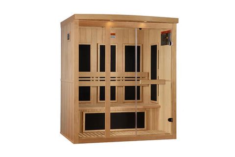 Natural cedar 3-person infrared sauna with black glass panels, bench seating, and control panel on white background