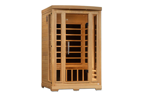 Two-person infrared sauna with natural wood construction, glass front doors, wooden benches, and black heating panels visible