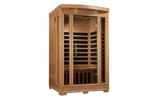 Light wood two-person infrared sauna cabin with glass front door, interior wooden benches, and black heater elements visible 