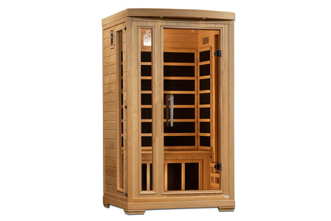 Cedar wood 2-person infrared sauna with glass front door, wooden bench seating, and heated interior panels on white backgroun